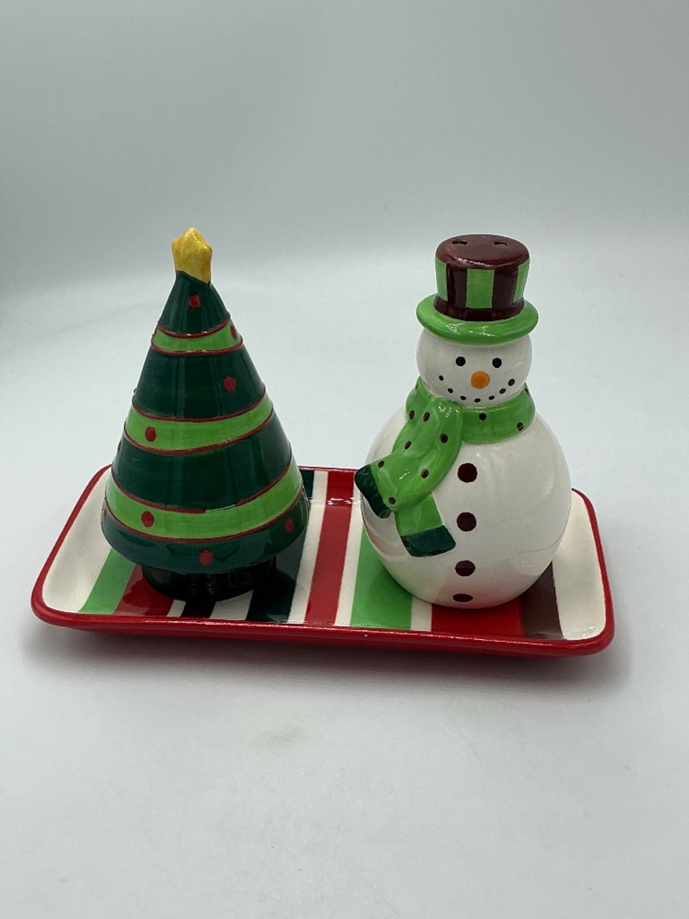 Snowman and Christmas Tree Salt And Pepper Shaker on Tray Ceramic